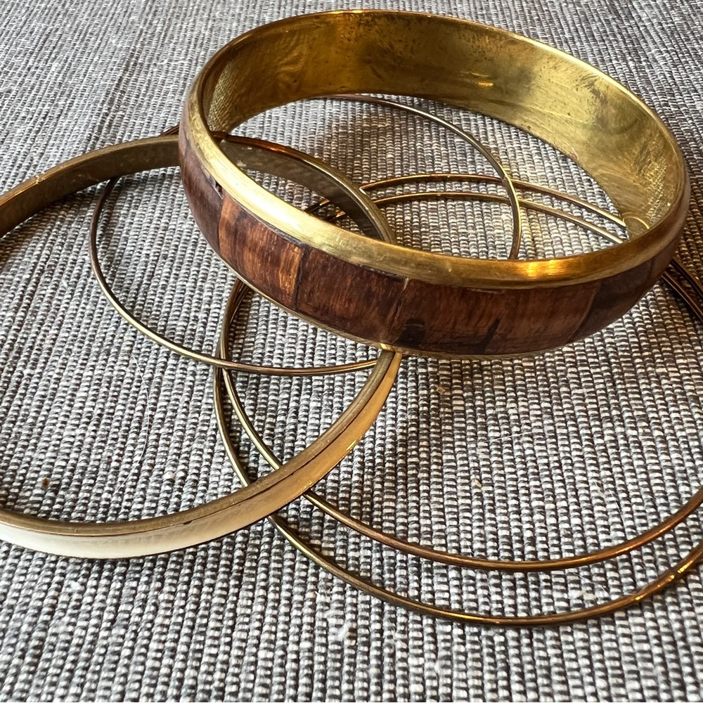 Wood Inlay, Cream Enamel and Gold-Tone Bronze Five Piece Bangle Set